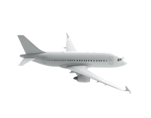 A side view of a white commercial jet airliner, isolated with a black background