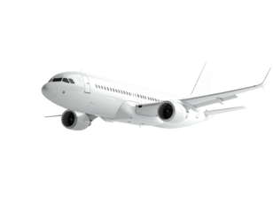 Sleek, white passenger aircraft in mid-flight, angled slightly from the side against a void