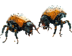 Two robotic beetles are shown with metallic bodies and glowing orange accents against a dark backdrop