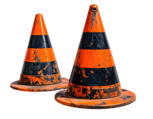 Two worn, orange traffic cones with black stripes and slight damage, isolated on black