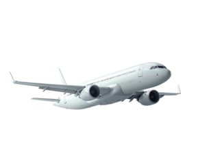 An elevated, white passenger jet is shown in flight, set against a transparent black backdrop