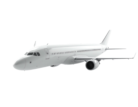 A side view of a white passenger aircraft with a sleek design, ideal for flights and transport