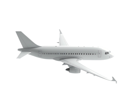 A side view of a white commercial jet airliner, isolated with a black background