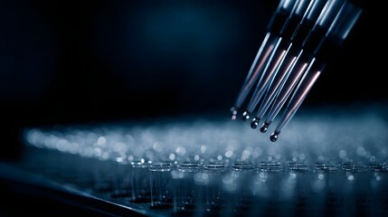 A multi channel pipette precisely dispensing liquid droplets into a microplate in a laboratory setting