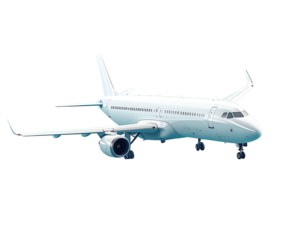 A gleaming white passenger jet with winglets and landing gear deployed, isolated on black