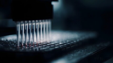 A multi channel pipette precisely dispenses liquid into a microplate in a laboratory setting