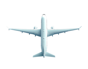 Overhead view of a modern passenger jet against a stark black background