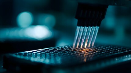 Automated multi channel pipette dispensing liquids into a microplate in a laboratory