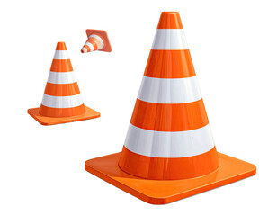 A collection of three vibrant orange and white striped cones, against a black background