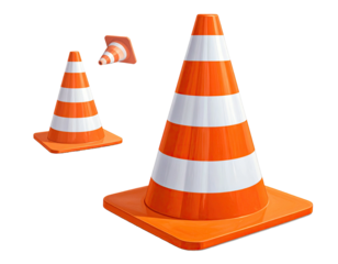 A collection of three vibrant orange and white striped cones, against a black background