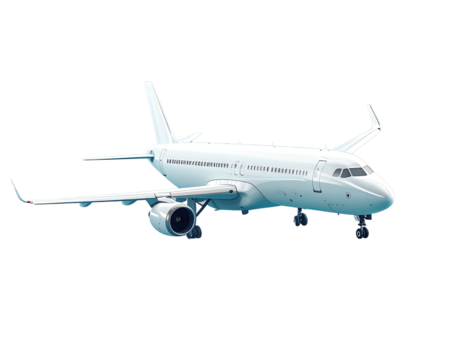 A gleaming white passenger jet with winglets and landing gear deployed, isolated on black