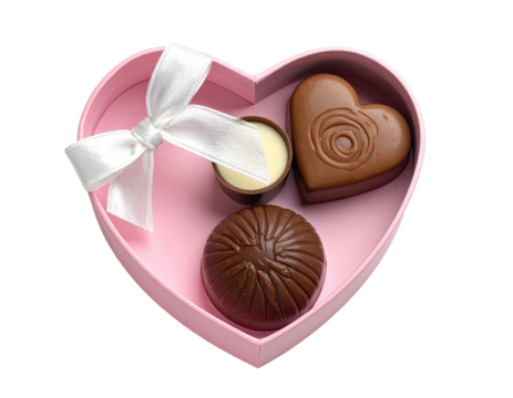 A pink heart-shaped box tied with a white bow, holding three assorted dark chocolates - Powered by Adobe
