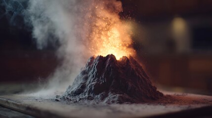 A miniature volcano model erupts with glowing lava and smoke simulating a dramatic scientific reaction