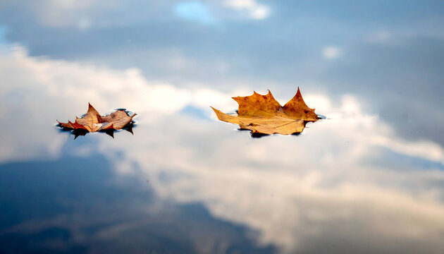 Fallen autumn leaves floating on calm pond surface with reflections of sky