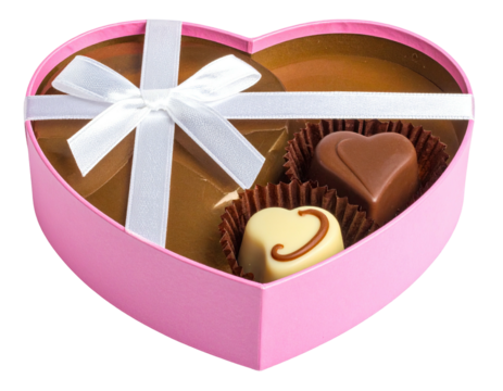 A heart-shaped gift box with chocolates; tied with a white ribbon; Valentine's Day treat