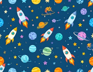 Colorful cartoon space scene with rockets, planets, and stars