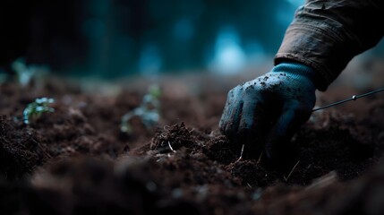 A gloved hand carefully plants a seedling into rich soil suggesting agricultural research or growth