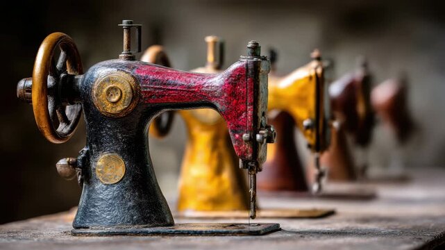 Repetitive work antique sewing machine vintage metal needle wooden wheel pedal craft tabletop nostalgic textured metal and wood