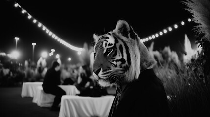 Man Wearing Tiger Mask at Elegant Party in Black and White