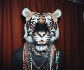 Man Wearing Tiger Mask at Elegant Party 