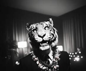Man Wearing Tiger Mask at Elegant Party in Black and White