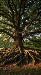 Obraz premium Majestic Tree with Exposed Roots in a Forest.