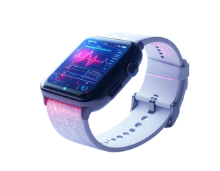 A futuristic smartwatch with a vibrant display showing health data. Detailed white band