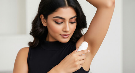 Beautiful Indian woman applies roll-on deodorant to her armpit