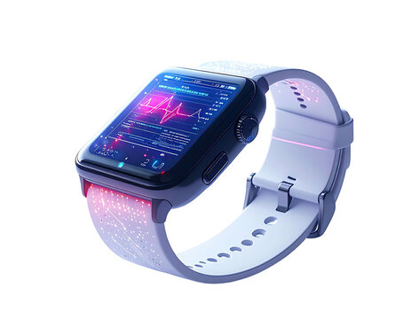 A futuristic smartwatch with a vibrant display showing health data. Detailed white band
