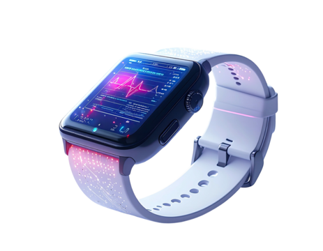 A futuristic smartwatch with a vibrant display showing health data. Detailed white band