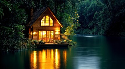 Fototapeta premium Tranquil cabin retreat by serene lake nature escape evening glow peaceful refuge