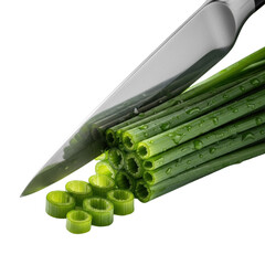Razor-sharp chef's knife precisely slicing vibrant green chives with dewy, glossy cross-sections against a transparent background, a concept of culinary precision and freshness