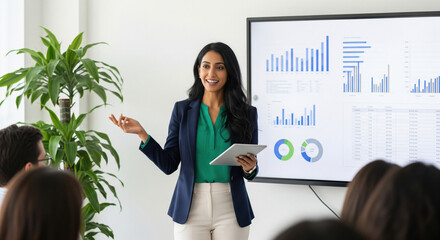 Indian Businesswoman Presenting Data Analytics in a Modern Office Meeting