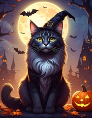 A fluffy black cat in a witch hat sits with a Halloween moon
