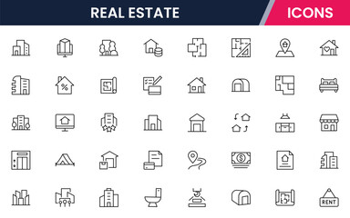 Real Estate vector web line icon collection, sleek illustrations of houses, apartments, keys, and property symbols for professional designs.