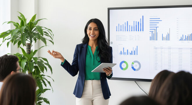 Indian Businesswoman Presenting Data Analytics in a Modern Office Meeting