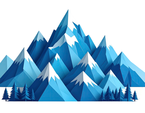 Digitally rendered illustration of a mountain range with peaks, snow, and low-poly trees