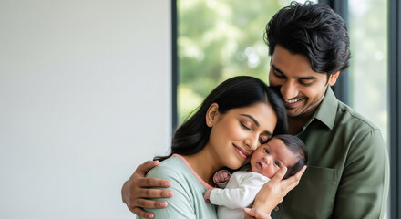 Happy Indian Parents Embrace Their Newborn Baby with Love