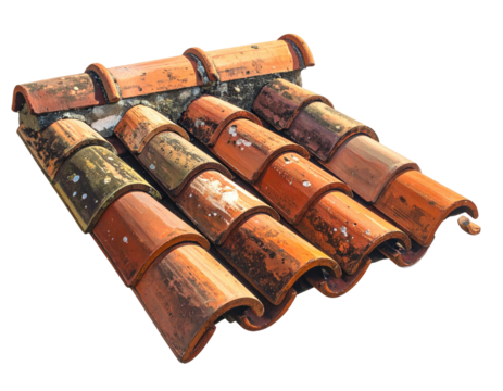 Close-up of weathered terracotta roof tiles in a row, with varied colors and textures