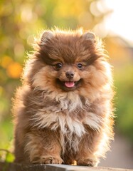 A fluffy, brown canine with its tongue out sits outdoors