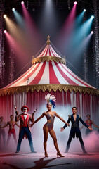 Photorealistic circus poster, detailed performers, bright spotlights, smoke and glitter, spectacular lighting, a large circus dome at night