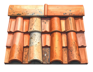 Illustration of aged, terracotta roof tiles, showing wear and weathering details