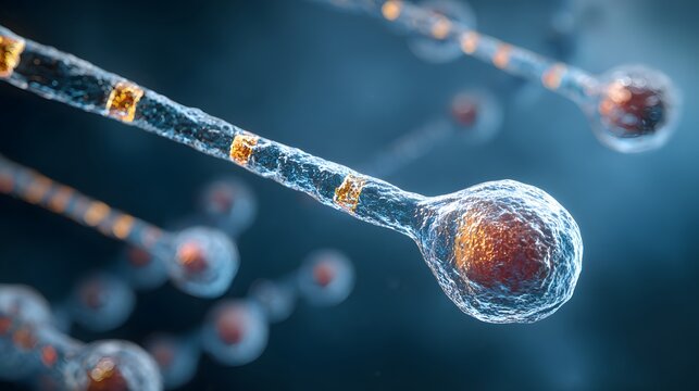 Microscopic view of nerve cells with myelin sheath segments.