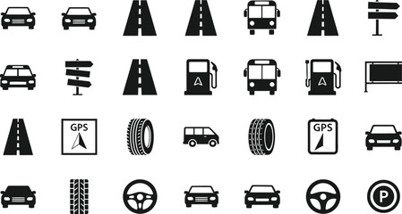 Collection of black and white transportation and road signs icons isolated on transparent background