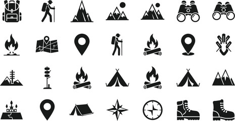 Collection of outdoor adventure and hiking icons including backpack hiker mountains campfire map location pin tent binoculars compass and boots isolated on transparent background