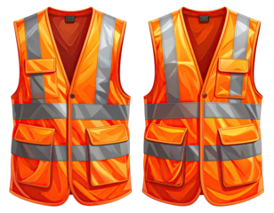 Two vibrant orange safety vests depicted front-facing with reflective stripes and pocket details