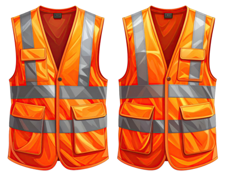 Two vibrant orange safety vests depicted front-facing with reflective stripes and pocket details
