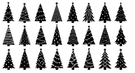 A collection of 24 different Christmas tree silhouettes, some decorated with lights and stars.