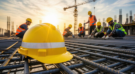 Construction Site Activity: Workers, Rebar, and Safety Hard Hat at Sunset