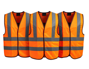 Five fluorescent orange safety vests with reflective stripes, arranged closely together